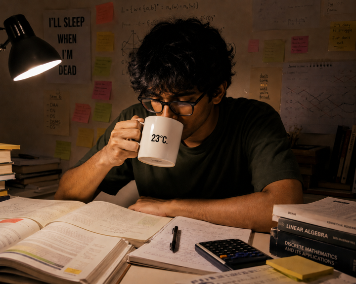 A late-night desk, a stack of books and a 23°C ❤BLR mug raised mid-sip